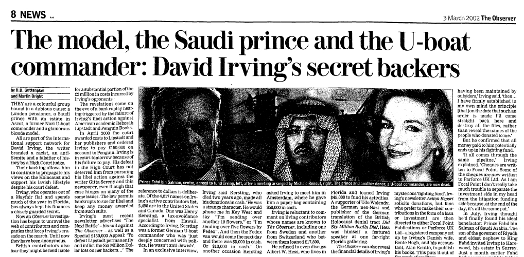 Observer article on Irving backers including Lady Renouf and Prince Fahd
